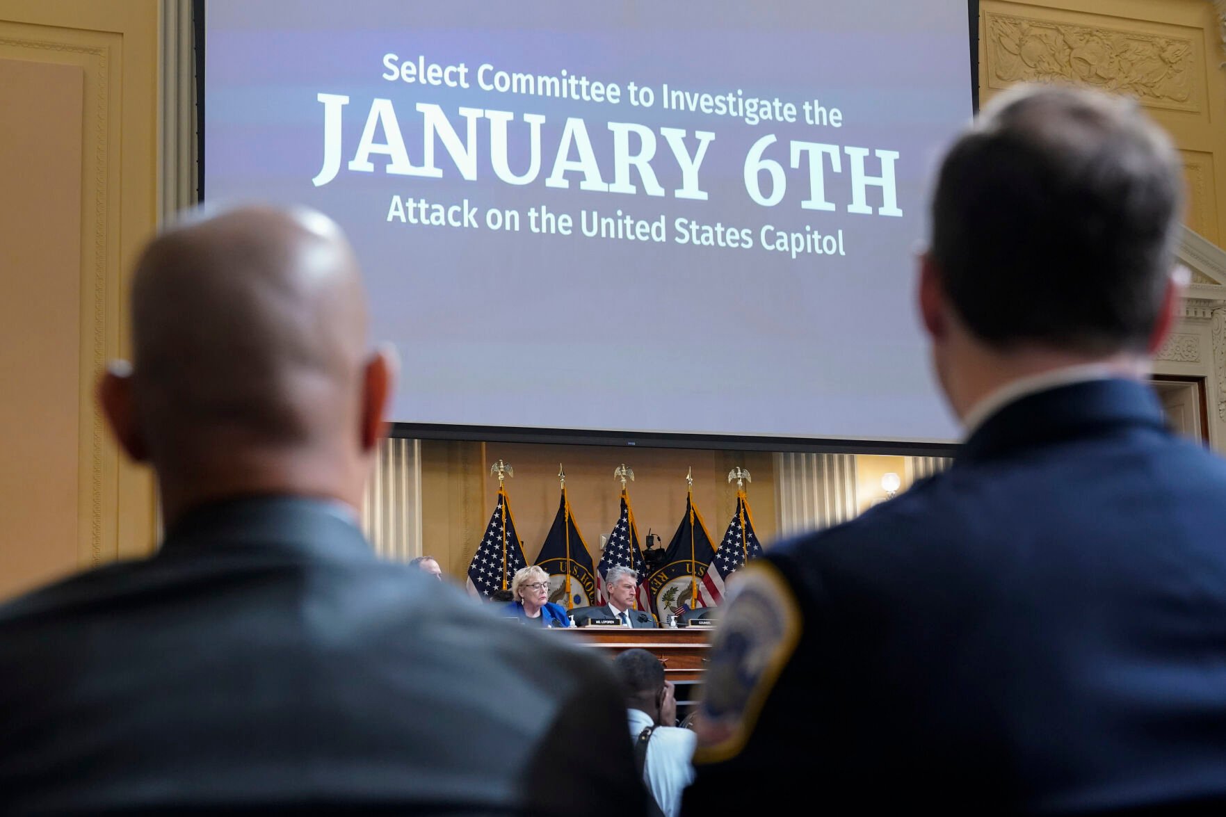 <p>FILE - U.S. Capitol Police Sgt. Aquilino Gonell, left, and Washington Metropolitan Police Department officer Daniel Hodges listen as the House select committee investigating the Jan. 6 attack on the U.S. Capitol holds a hearing on Capitol Hill in Washington, Oct. 13, 2022. (AP Photo/Jacquelyn Martin, File)</p>