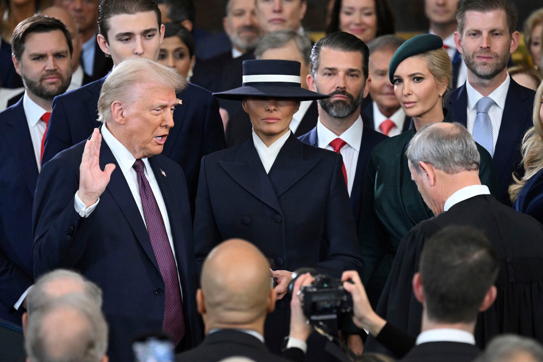 <p>President-elect Donald Trump takes the oath of office during the 60th Presidential Inauguration in the Rotunda of the U.S. Capitol in Washington, Monday, Jan. 20, 2025. (Saul Loeb/Pool photo via AP)</p>
