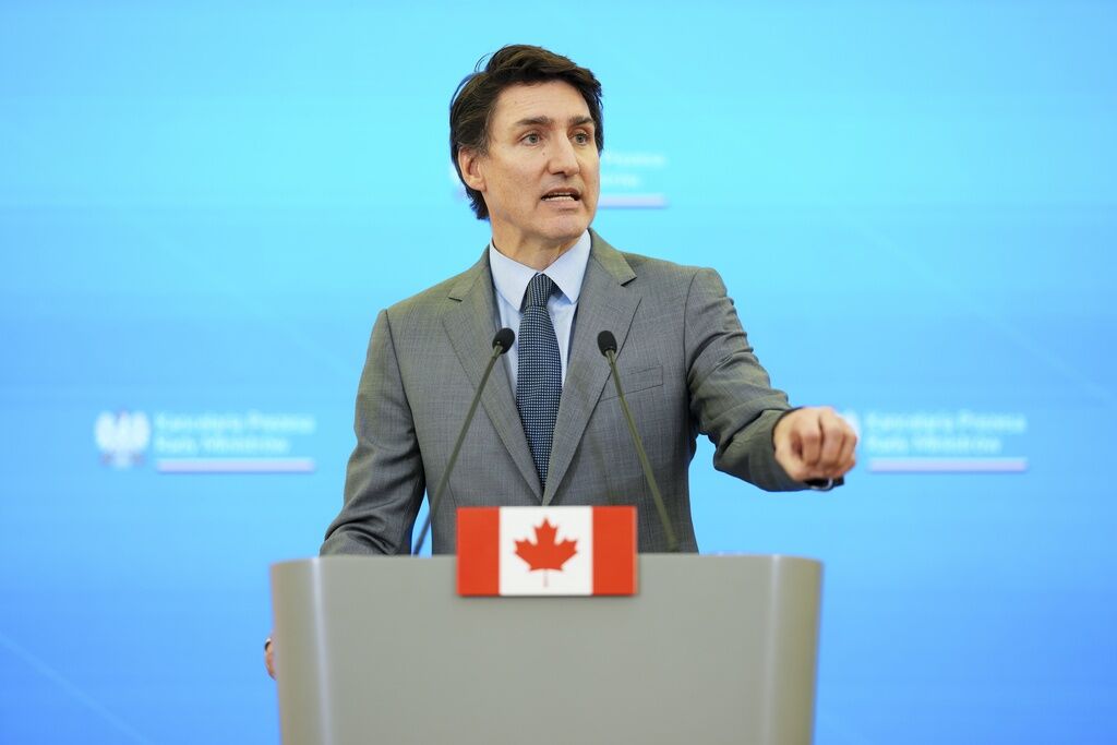 <p>Prime Minister Justin Trudeau takes part in a joint press conference with Polish Prime Minister Donald Tusk (not shown) at the Chancellery of the Prime Minister in Warsaw, Poland on Tuesday, Jan. 28, 2025. (Sean Kilpatrick /The Canadian Press via AP)</p>