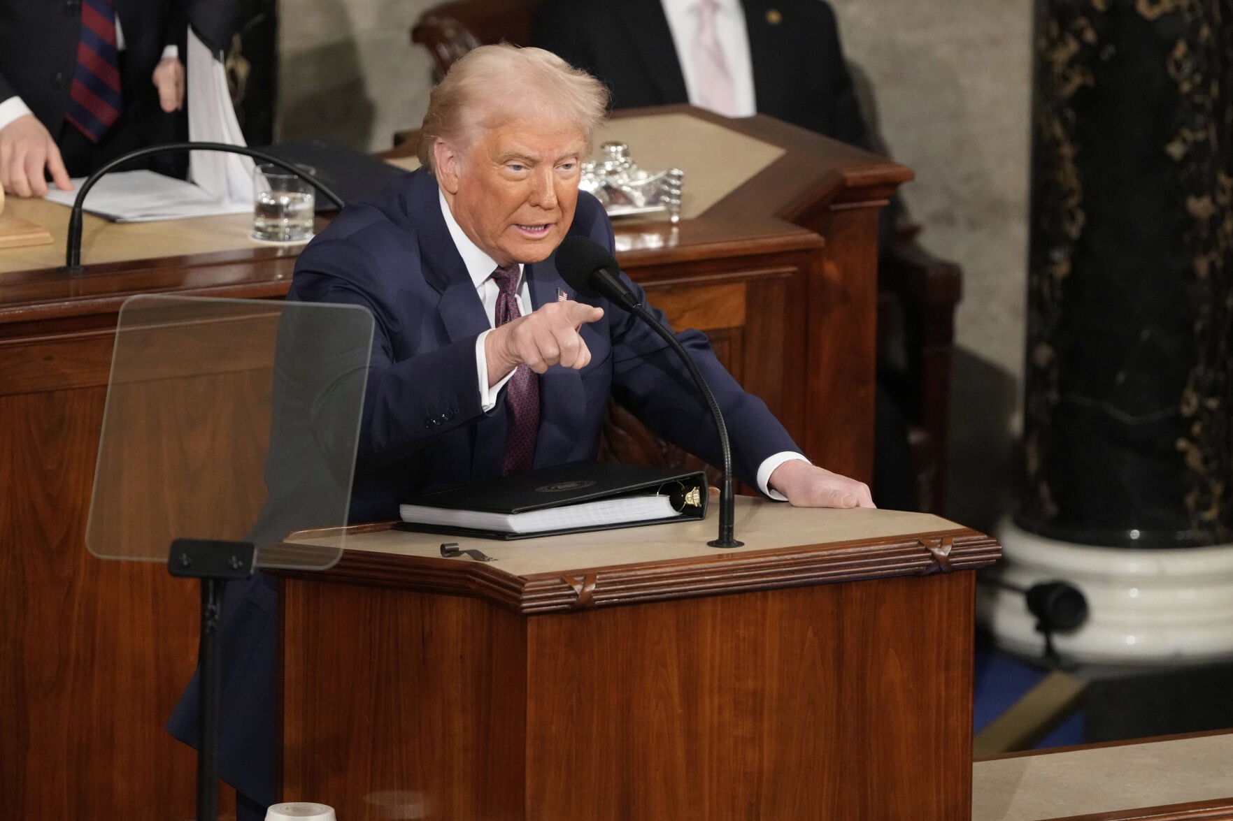 <p>President Donald Trump gestures as he addresses a joint session of Congress at the Capitol in Washington, Tuesday, March 4, 2025. (AP Photo/Ben Curtis)</p>