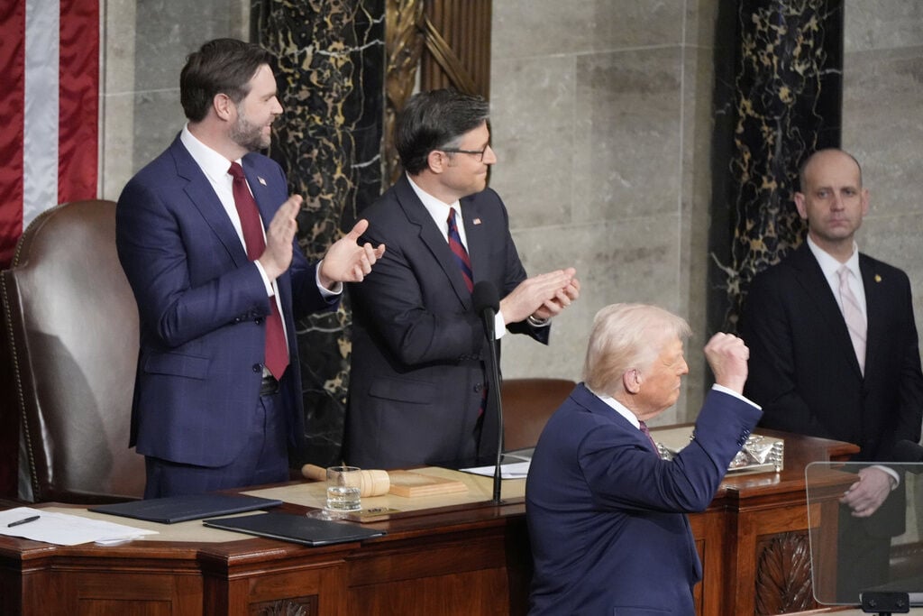 <p>Vice President JD Vance, from left, and House Speaker Mike Johnson, R-La., clap as President Donald Trump addresses a joint session of Congress at the Capitol in Washington, Tuesday, March 4, 2025. (AP Photo/Alex Brandon)</p>