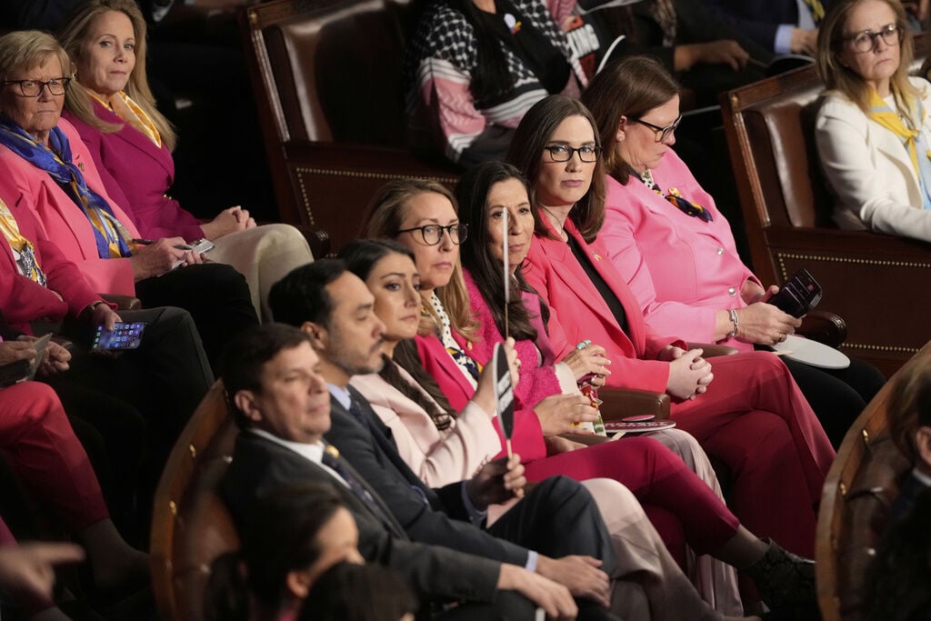 <p>Democratic members of Congress listen as President Donald Trump addresses a joint session of Congress at the Capitol in Washington, Tuesday, March 4, 2025. (AP Photo/Ben Curtis)</p>