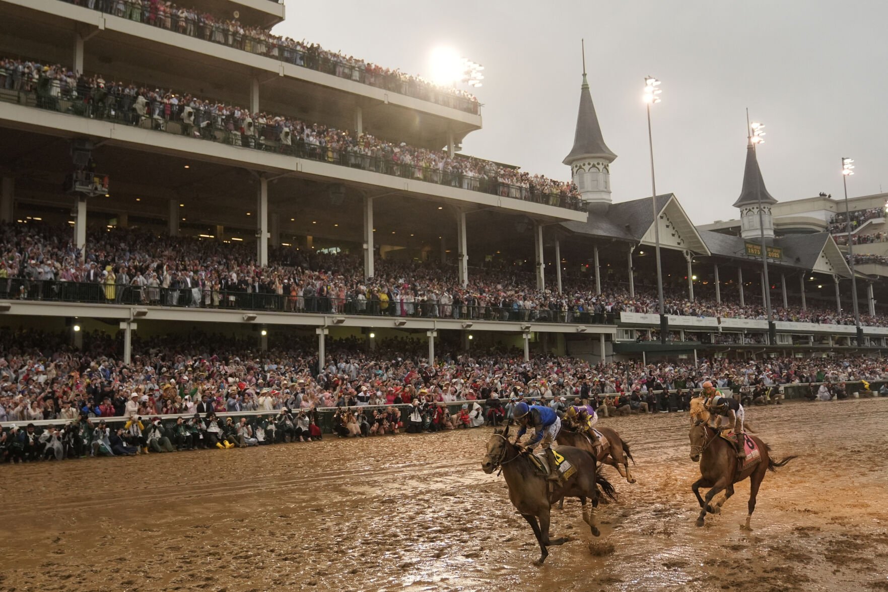 <p>Sovereignty, ridden by Junior Alvarado, crosses the finish line to win the 151st running of the Kentucky Derby.</p>