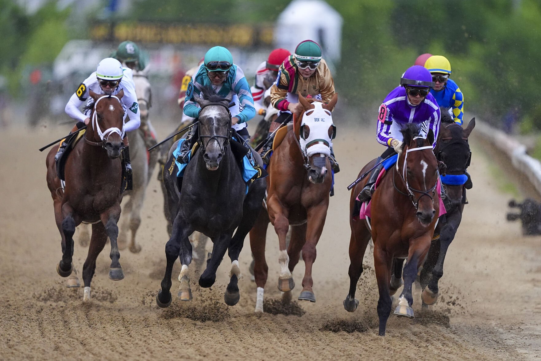 <p>Horses compete during Saturday's 150th running of the Preakness Stakes at Pimlico Race Course in Baltimore.</p>