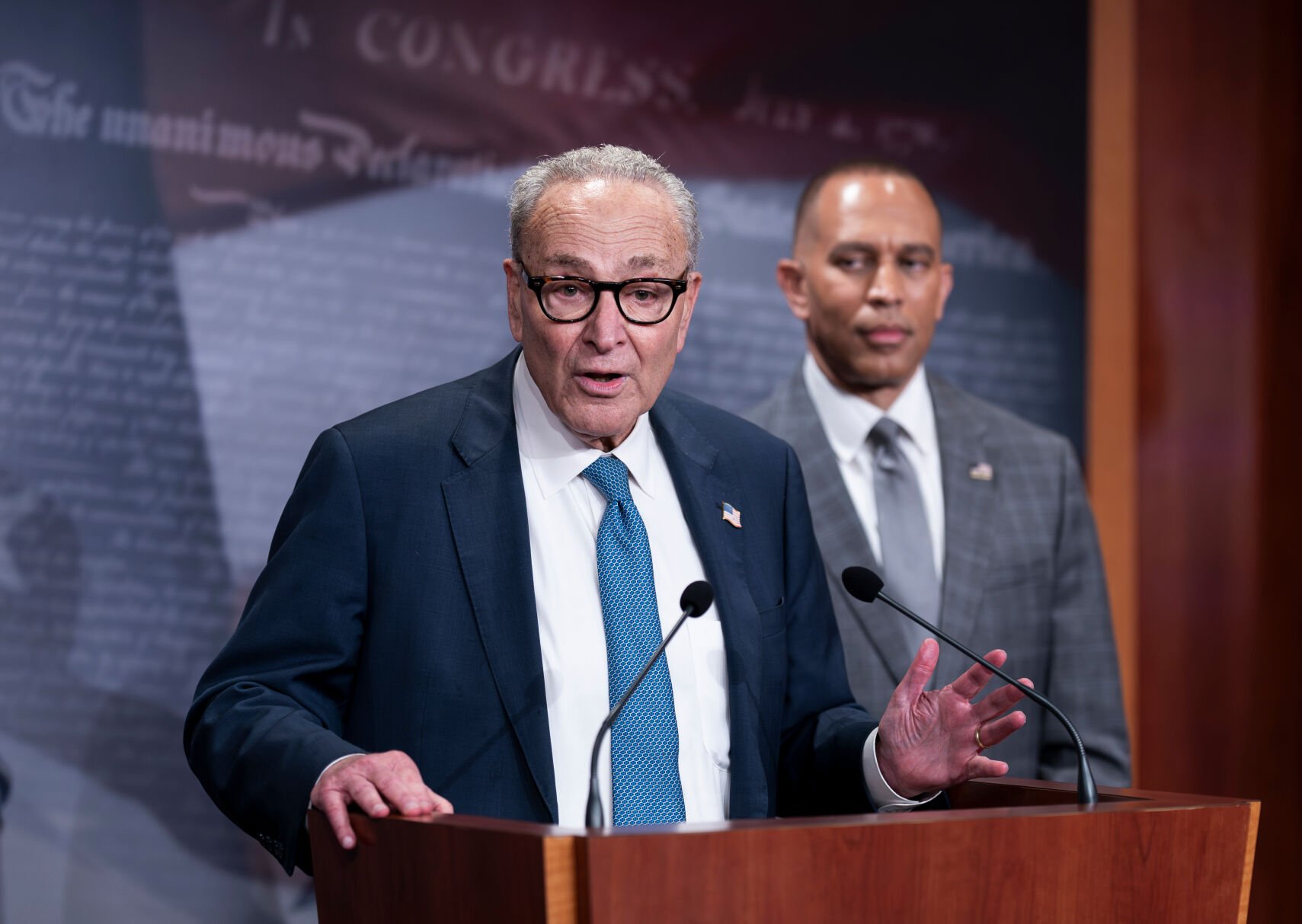 <p>Senate Minority Leader Chuck Schumer, D-N.Y., left, and House Minority Leader Hakeem Jeffries, D-N.Y., update reporters Monday at the Capitol in Washington after their meeting with President Donald Trump and Republican leaders on the looming government funding crisis.</p>