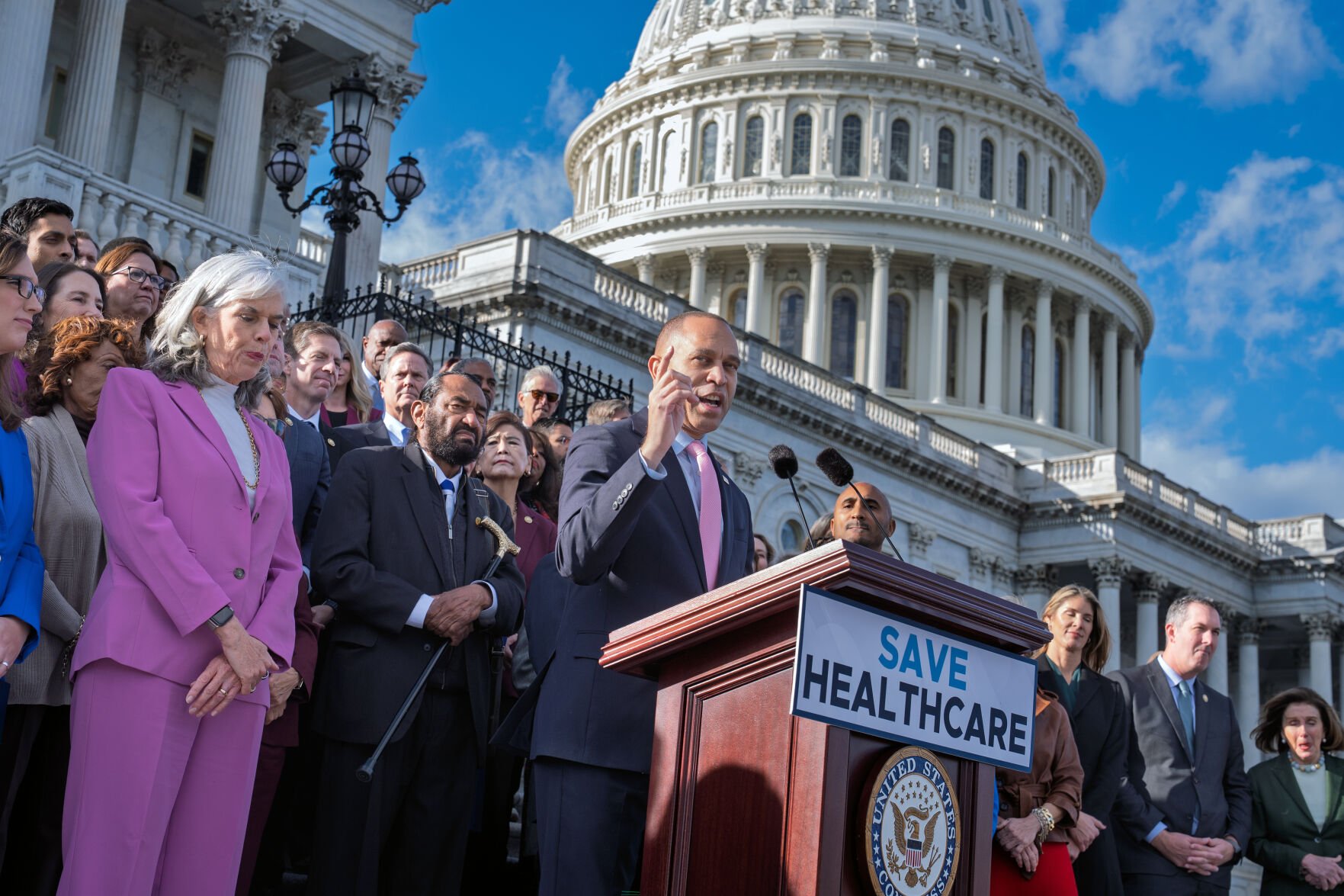 <p>House Minority Leader Hakeem Jeffries, D-N.Y., and fellow Democrats speak about the health care funding fight Wednesday on the steps of the House at the Capitol in Washington before votes to end the government shutdown.</p>