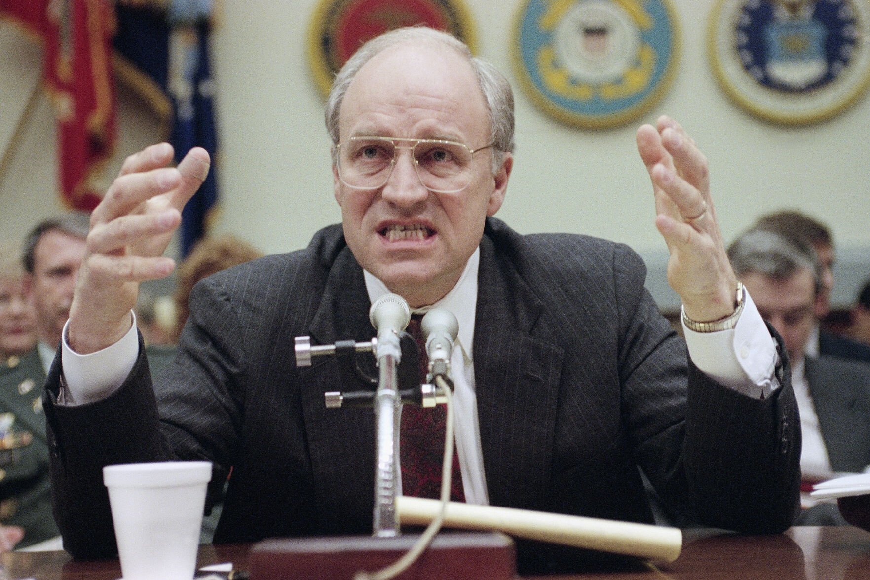 <p>Defense Secretary Dick Cheney makes a point on Capitol Hill in Washington, Feb. 7, 1991, while appearing before the Senate Armed Services Committee which is looking at the FY-1992-1993 defense budget.</p>