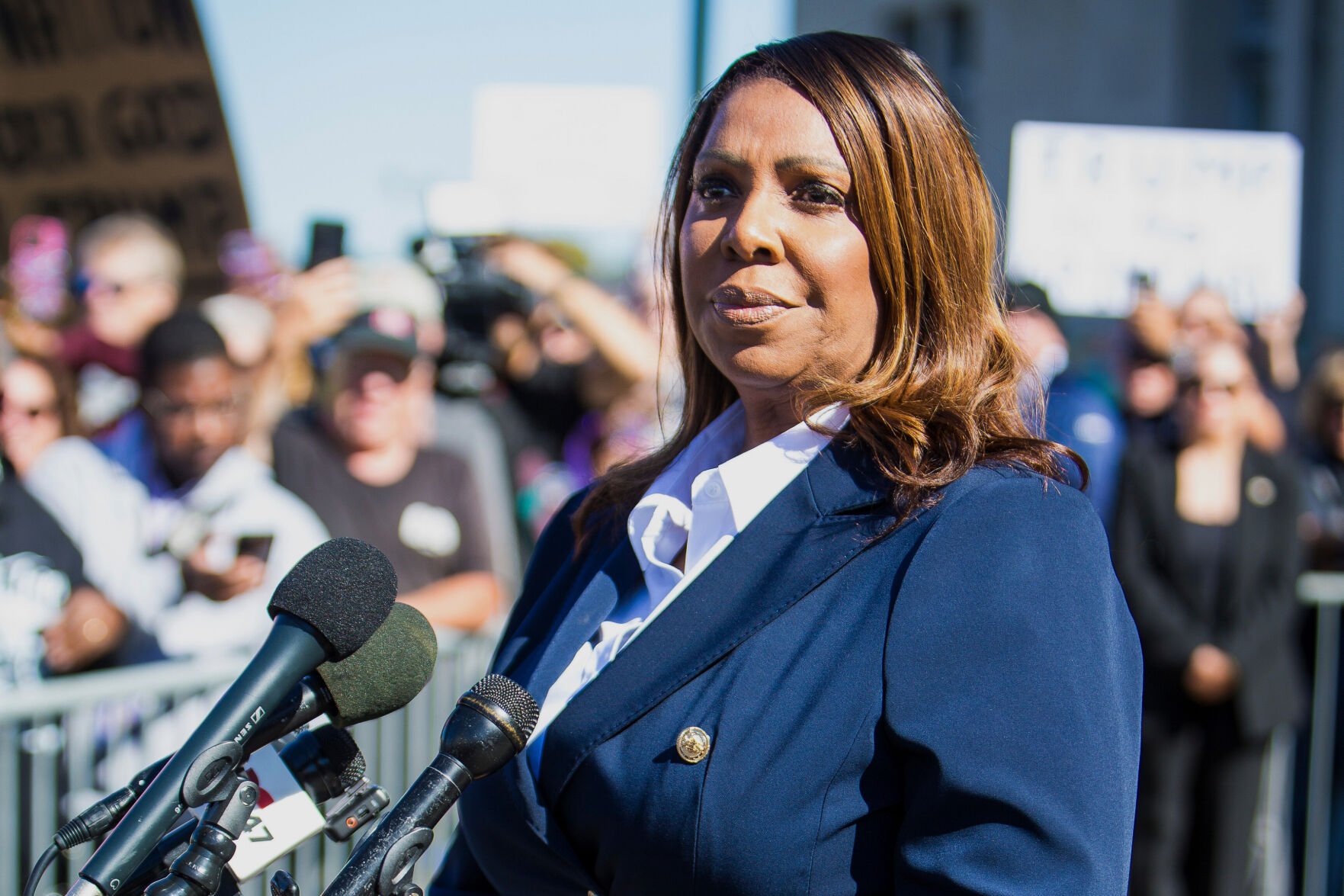 <p>New York Attorney General, Letitia James, speaks after pleading not guilty outside the United States District Court on, Oct. 24, in Norfolk, Va.</p>