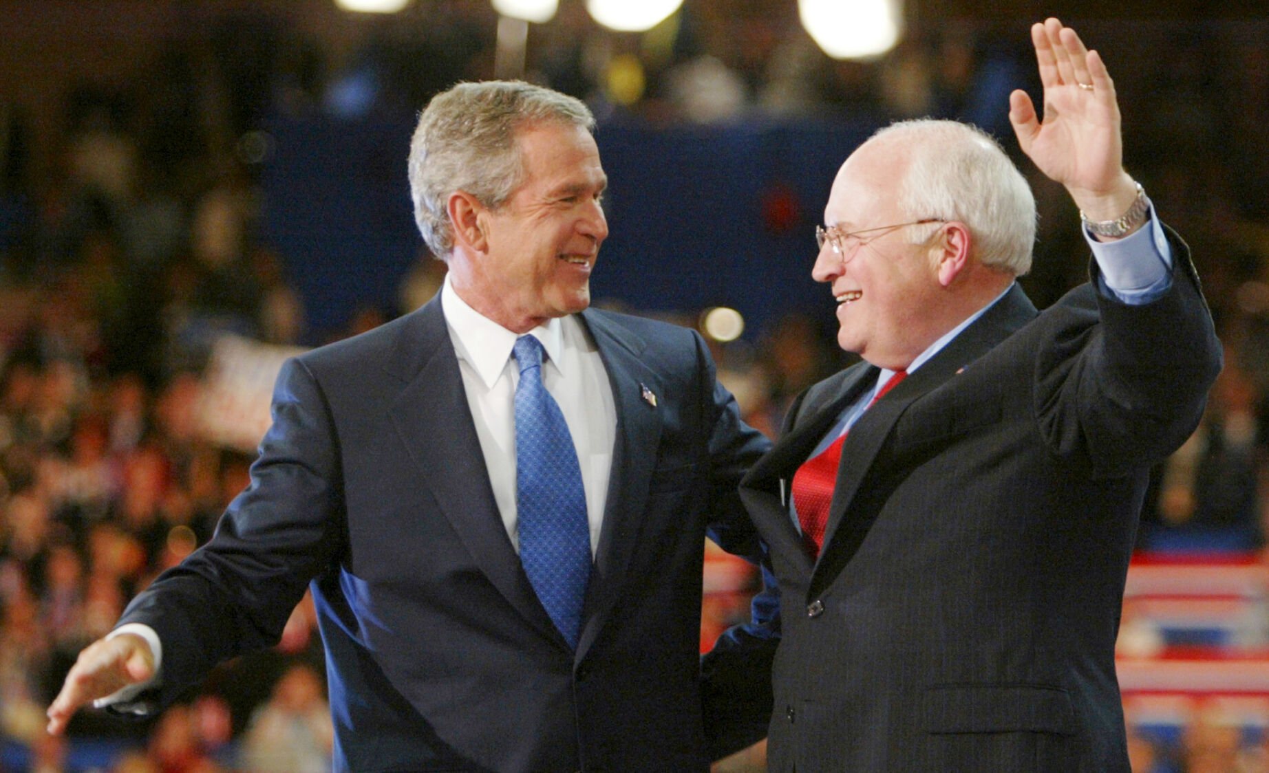 <p>President Bush and Vice President Dick Cheney embrace following President Bush's acceptance speech in Madison Square Garden during the final night of the Republican National Convention, Sept. 2, 2004, in New York. </p>