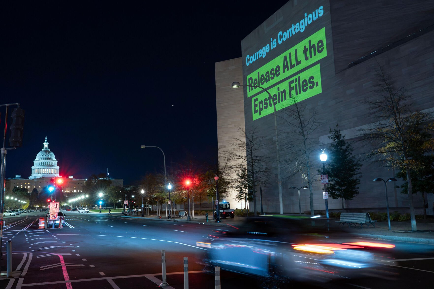 <p>A World Without Exploitation projection is seen Monday on the wall of the National Gallery of Art calling on Congress to vote yes on the Epstein files transparency act in Washington.</p>