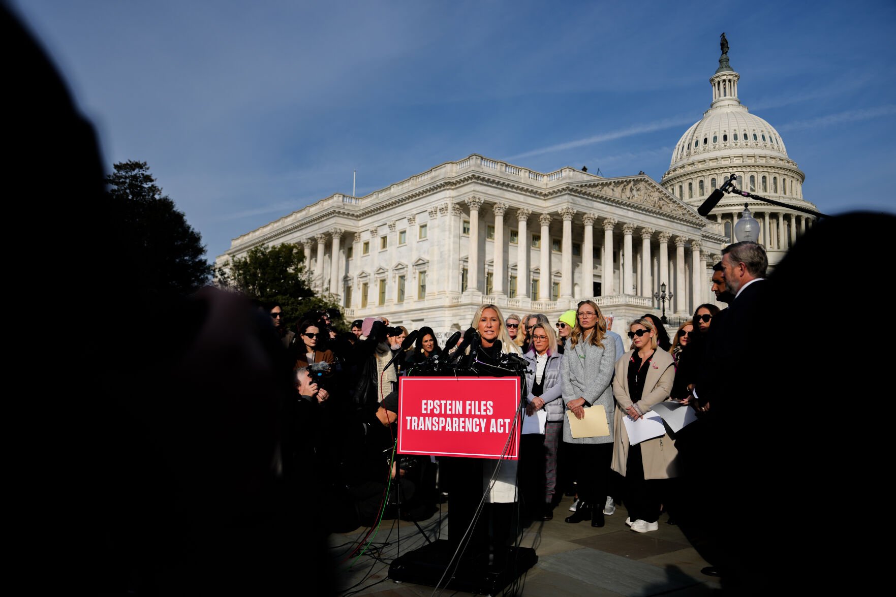 <p>Rep. Marjorie Taylor Greene, R-Ga., speaks during a news conference on the Epstein Files Transparency Act, Tuesday, Nov. 18, 2025, outside the U.S. Capitol in Washington. (AP Photo/Julia Demaree Nikhinson)</p>