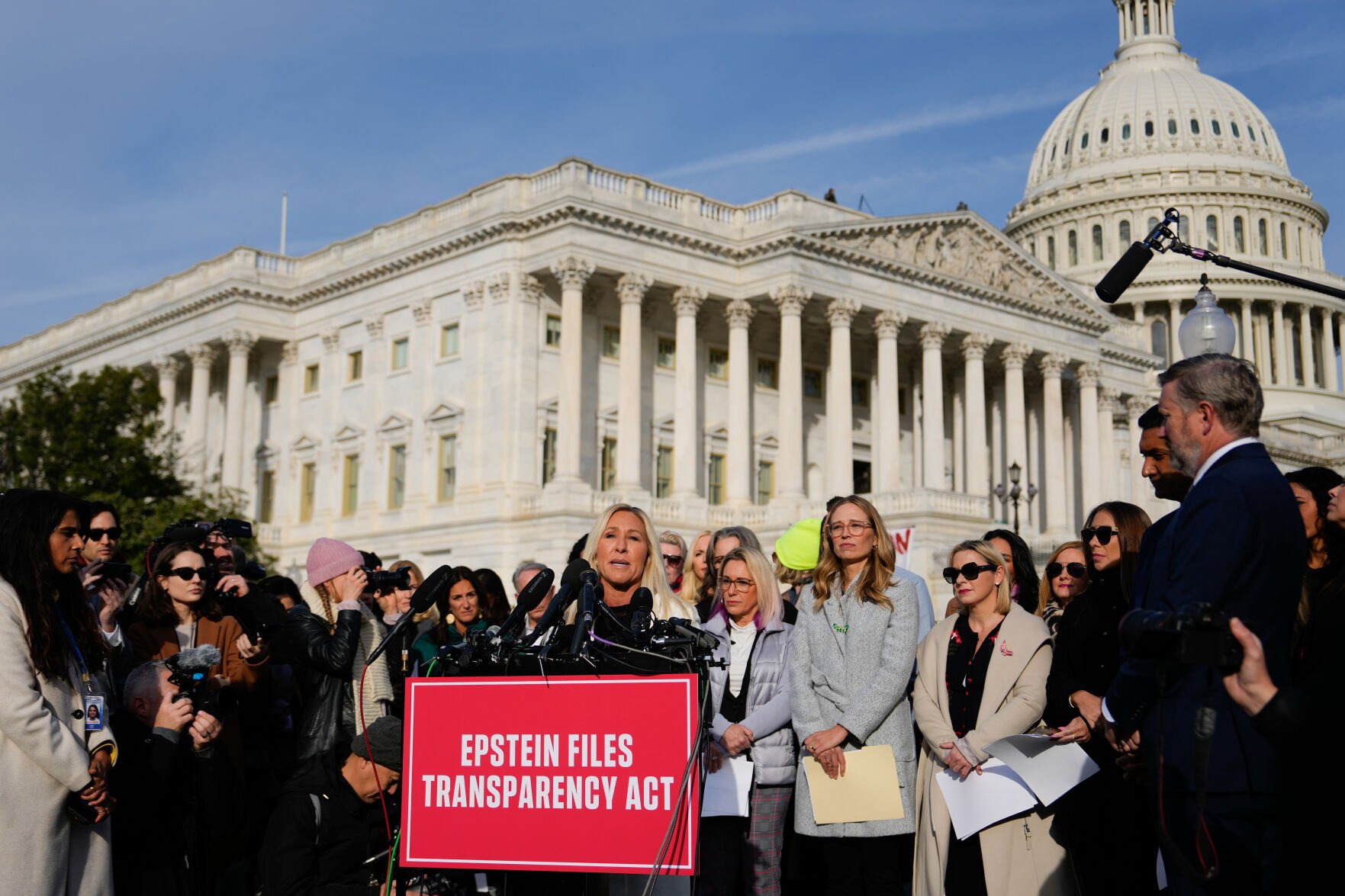 <p>Rep. Marjorie Taylor Greene, R-Ga., speaks Tuesday during a news conference on the Epstein Files Transparency Act outside the U.S. Capitol in Washington.</p>