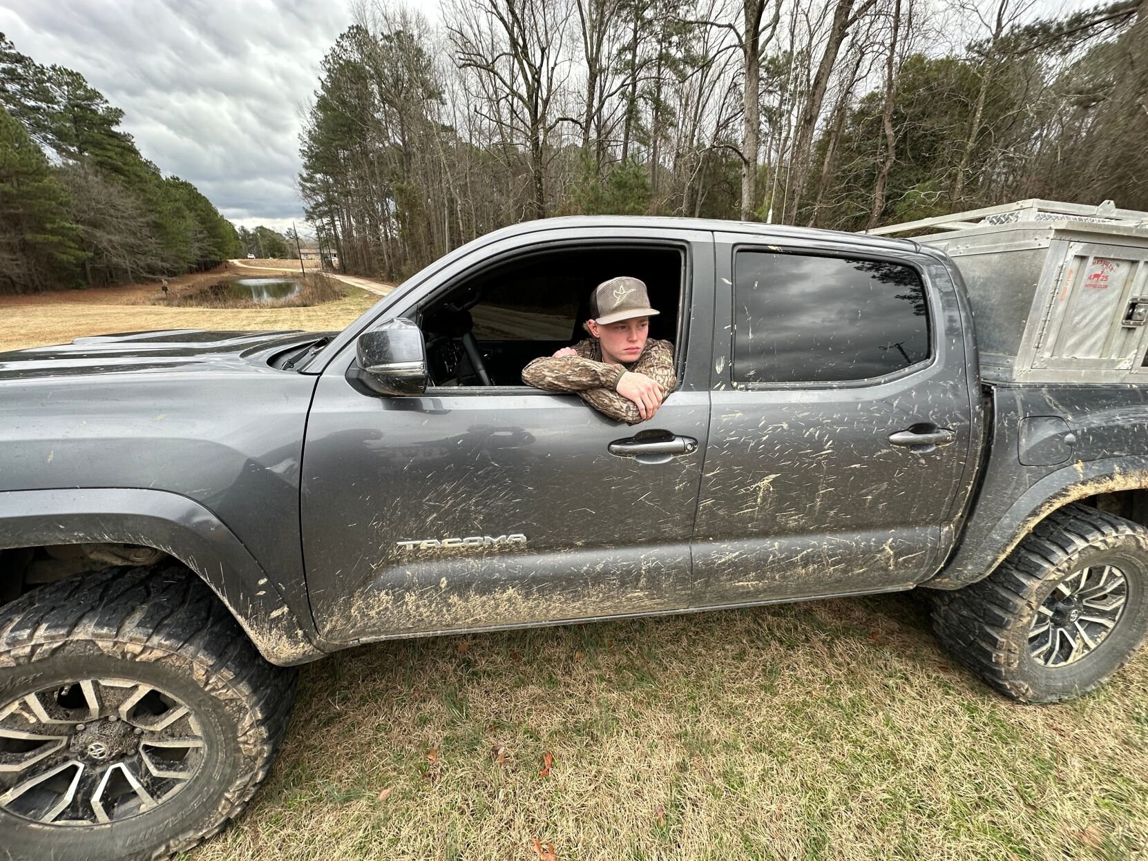 <p>Braeden Fields speaks to reporters Sunday outside a property in Cameron, N.C.</p>