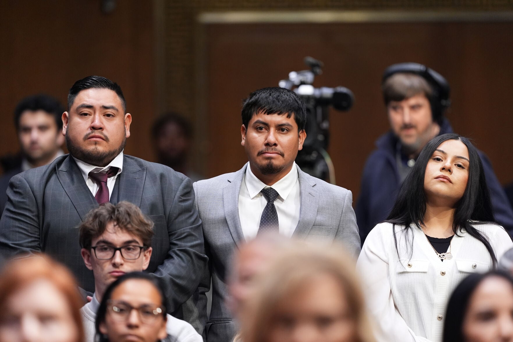 <p>Three U.S. citizens who had been detained by ICE from left, Javier Ramirez of Calif., Leonardo “Leo” Garcia Venegas of Ala., and Marimar Martinez of Chicago, stand and are introduced by Sen. Richard Blumenthal, D-Ct., as Homeland Security Secretary Kristi Noem appears for an oversight hearing before the Senate Judiciary Committee, at the Capitol in Washington, Tuesday, March 3, 2026. (AP Photo/J. Scott Applewhite)</p>