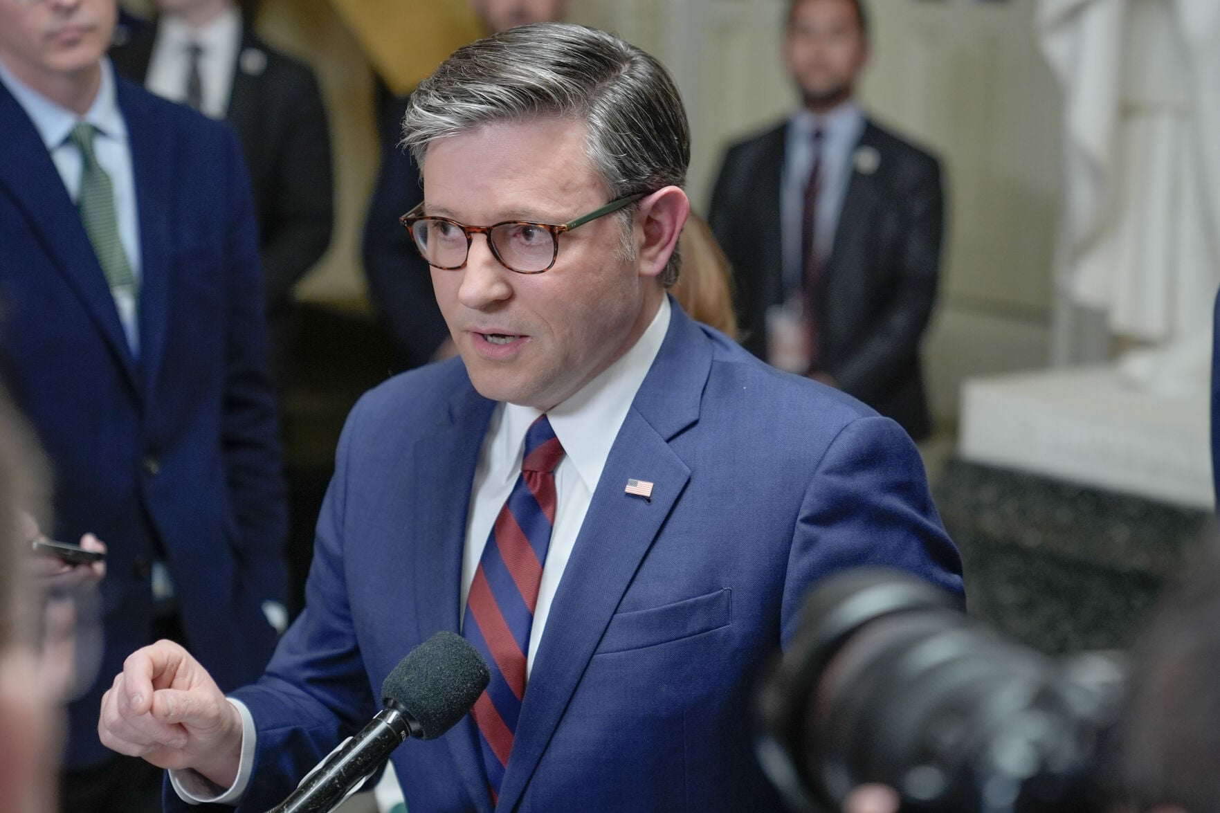 <p>Speaker of the House Mike Johnson, R-La., speaks during a news conference on Capitol Hill, March 27, in Washington.</p>
