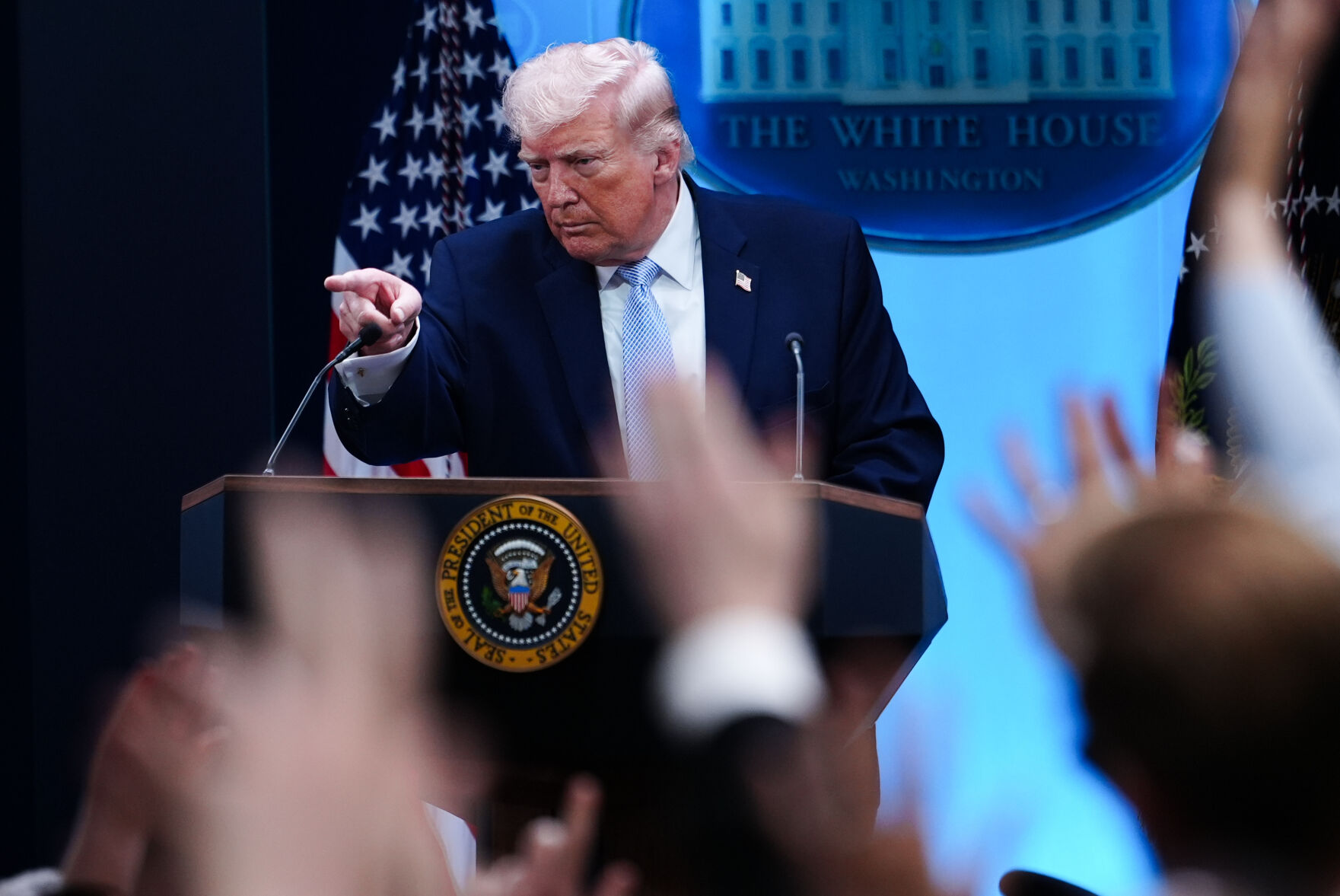 <p>President Donald Trump speaks with reporters Monday at the White House in Washington. </p>