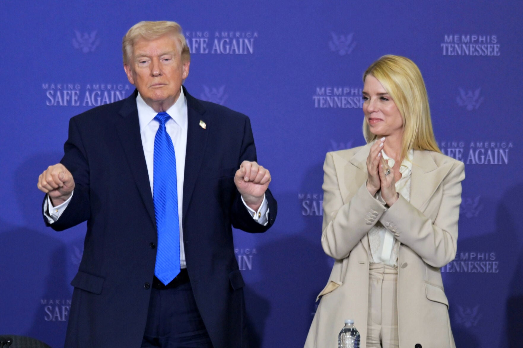 <p>President Donald Trump participates in a roundtable discussion on public safety at a Tennessee Air National Guard Base, Monday, March 23, 2026, in Memphis, Tenn., with Attorney General Pam Bondi, right. (AP Photo/Bruce Newman)</p>