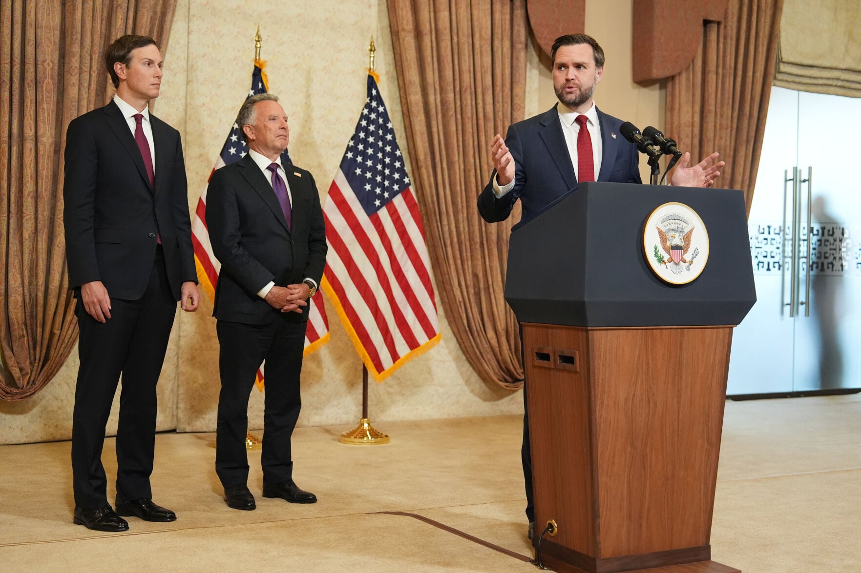 <p>Vice President JD Vance, right, speaks during a news conference after meeting with representatives from Pakistan and Iran as Jared Kushner, left, and Steve Witkoff, Special Envoy for Peace Missions listen, Sunday in Islamabad, Pakistan.</p>