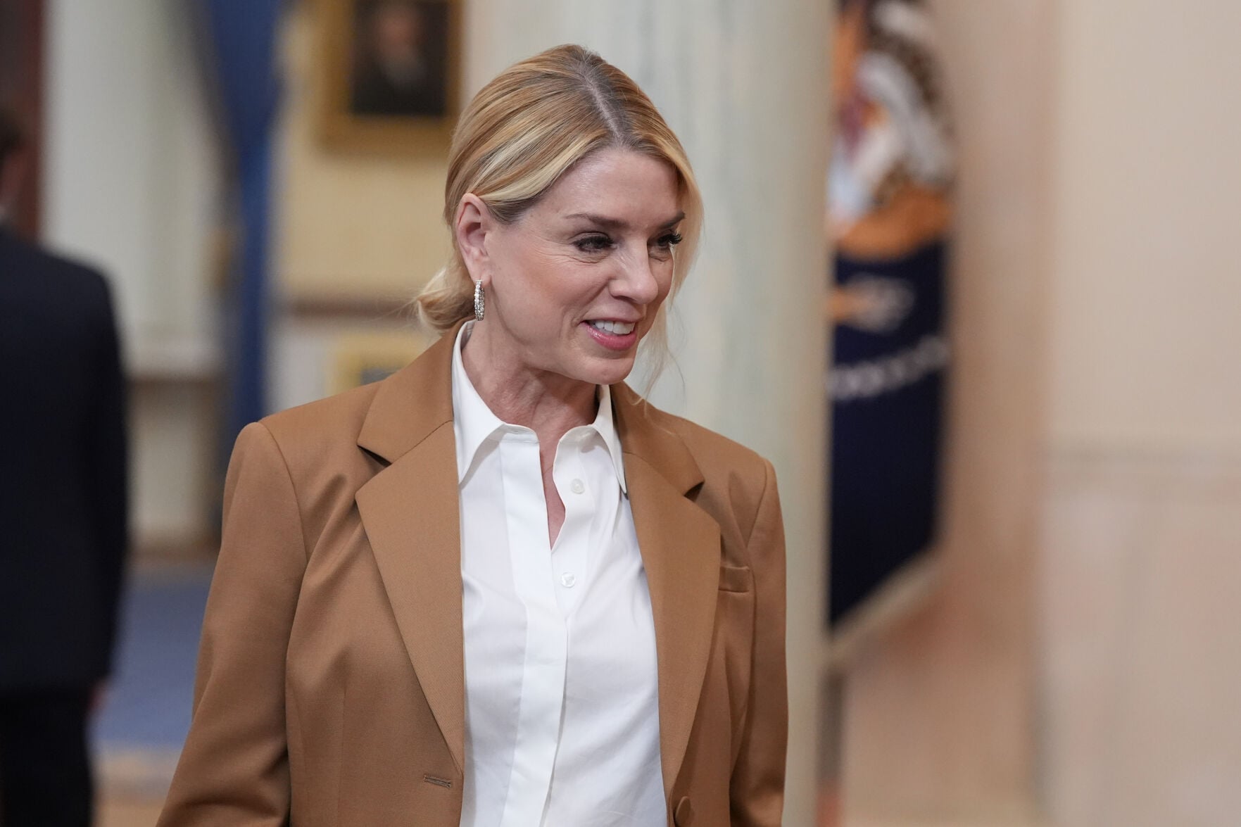 <p>Attorney General Pam Bondi arrives before President Donald Trump speaks about the Iran war from the Cross Hall of the White House on Wednesday, April 1, 2026, in Washington. (AP Photo/Alex Brandon, Pool)</p>