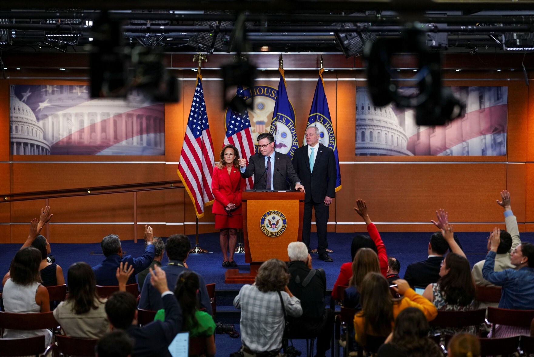 <p>House Speaker Mike Johnson, R-La., attends a news conference Tuesday with Republican House Leadership on Capitol Hill in Washington.</p>