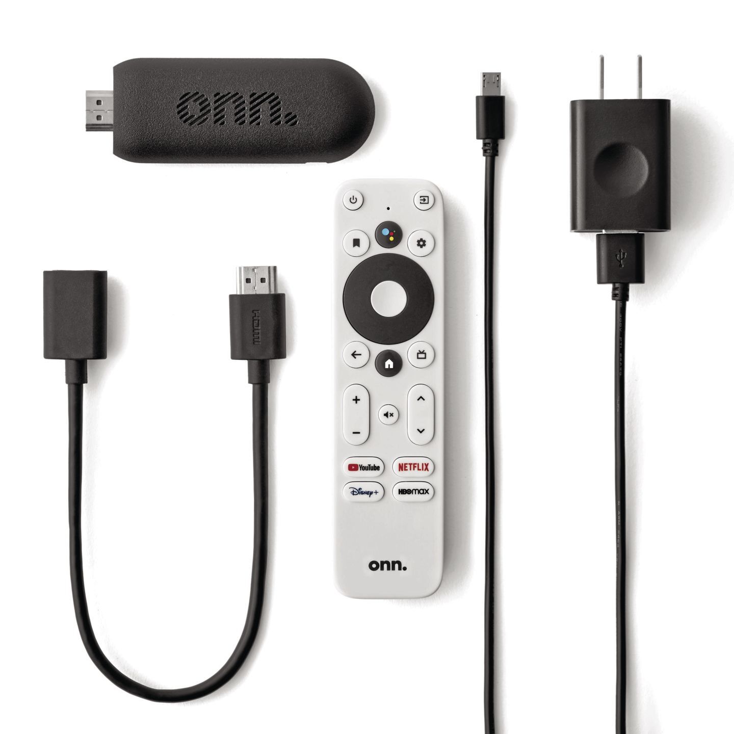 <p>The Onn FHD Streaming Stick comes with a microUSB power cord and wall plug adapter, an HDMI extension cable and a voice remote.</p>